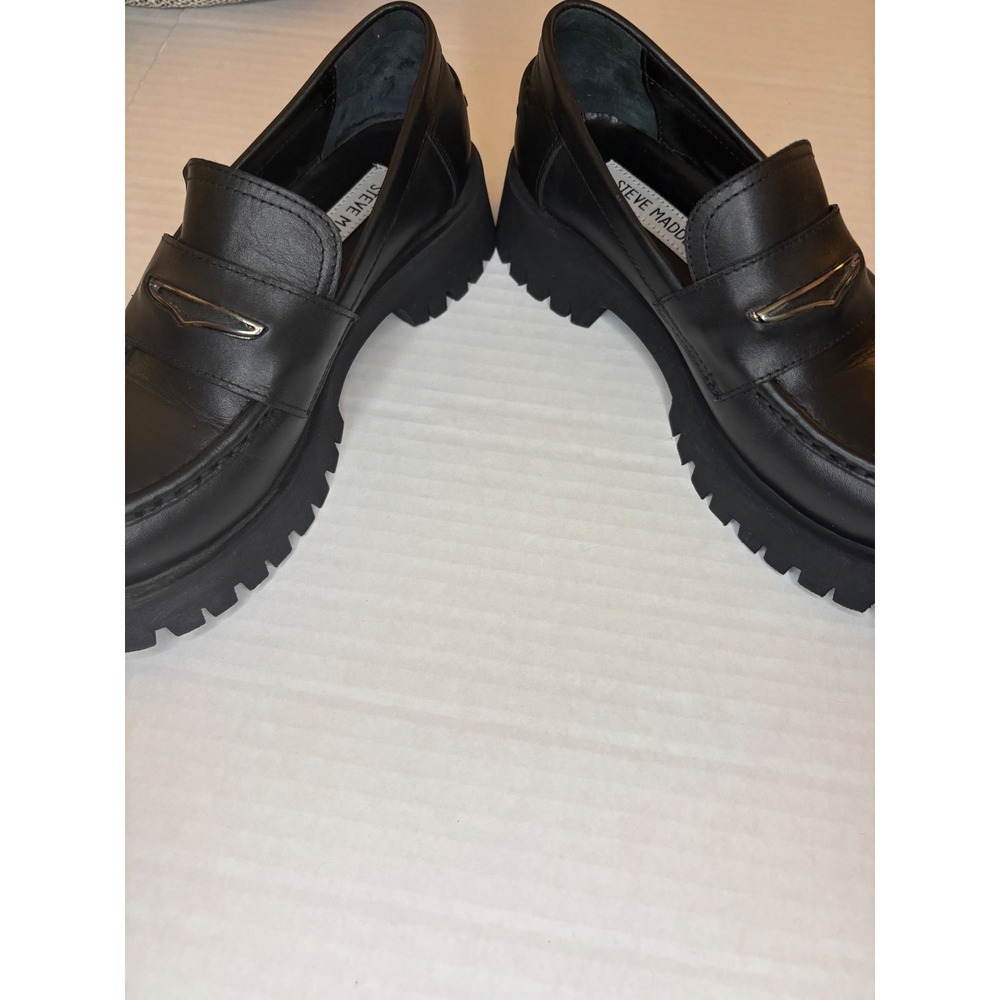Steve Madden Lawrence Black Leather Chunky Platform Loafers Y2K Academia Sz 5 - Picture 3 of 10